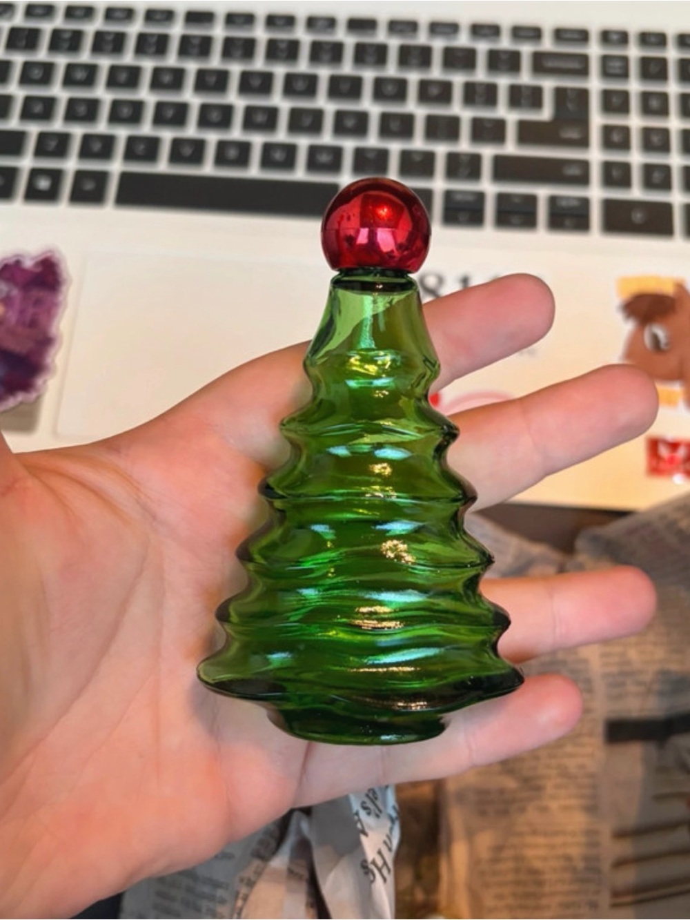 Green Glass Christmas Tree with Red Top